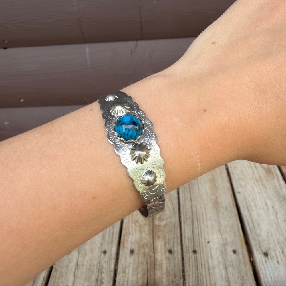 Vintage Faux Turquoise Cuff Bracelet Silver Tone Stamped Southwestern Boho